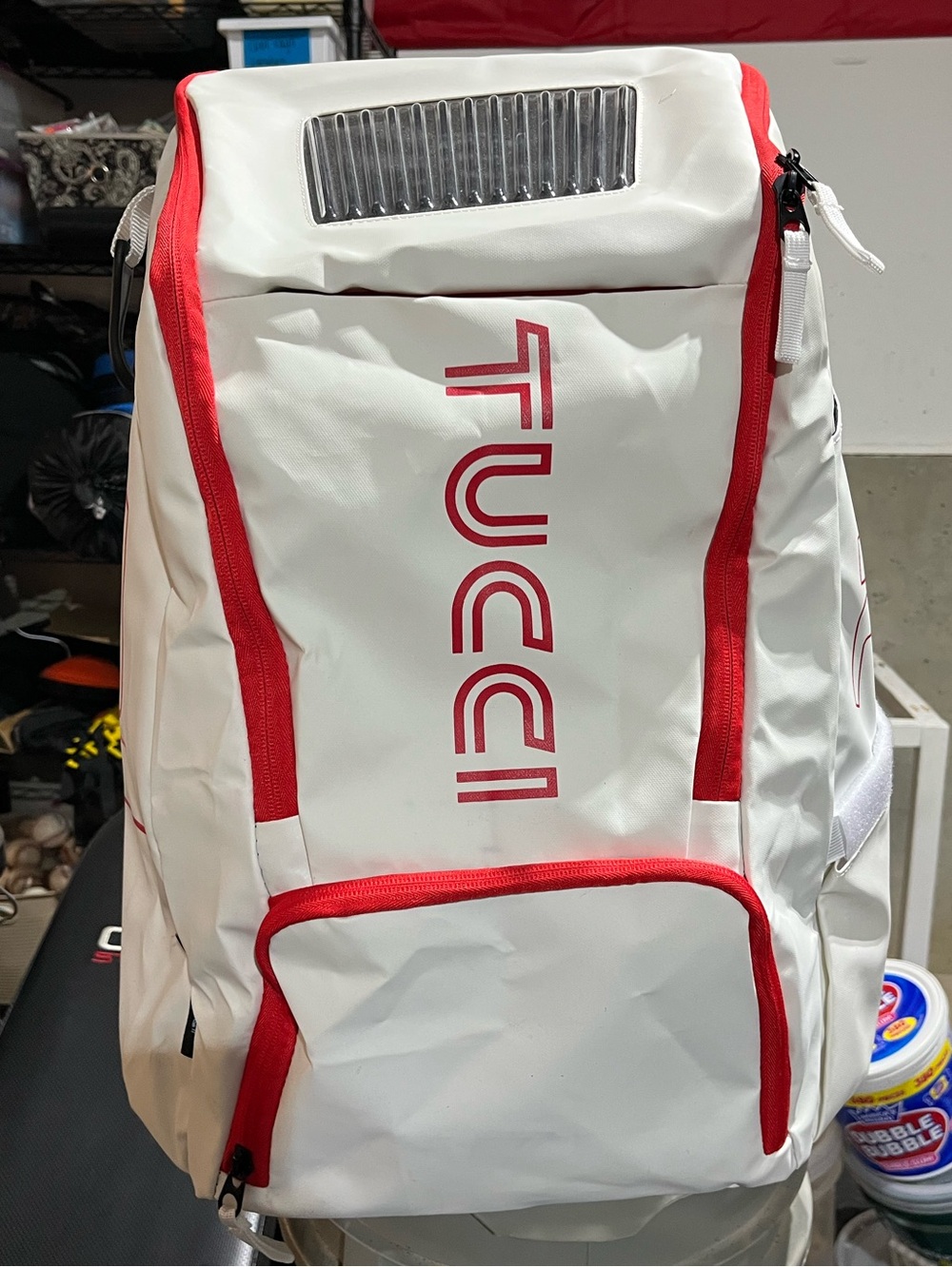 Tucci White Baseball Backpack with Red Trim and Logo